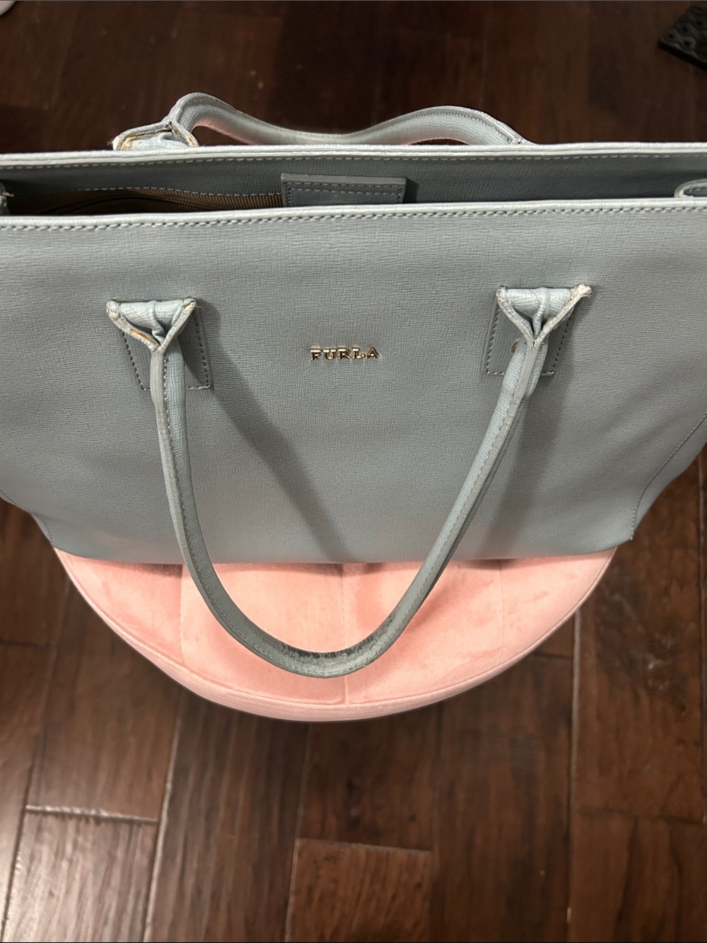 Furla Pale Blue Leather Tote with Gold Logo